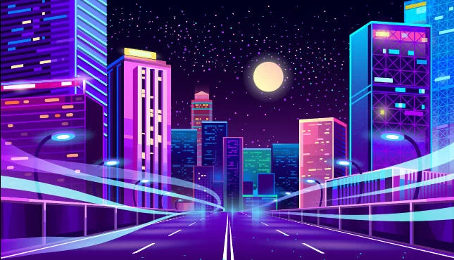 未来科技科幻霓虹灯渐变绚丽城市建筑夜景灯光插画AI/PSD设计素材100套【073】